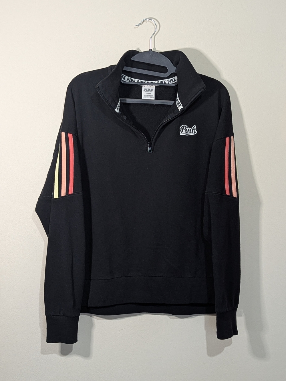 PINK Victoria's Secret Black Quarter-Zip Pullover Sweater with Striped Sleeves